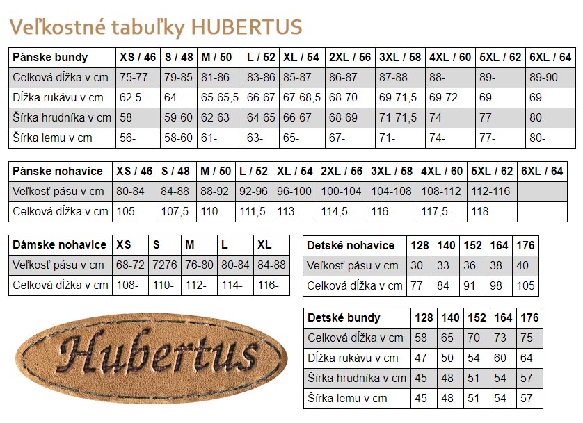 Tabuľka veľkostí HUBERTUS